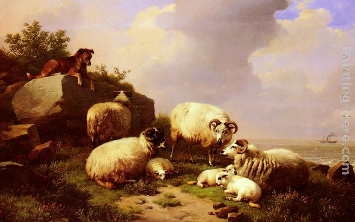 Guarding The Flock By The Coast painting - Eugene Verboeckhoven Guarding The Flock By The Coast art painting